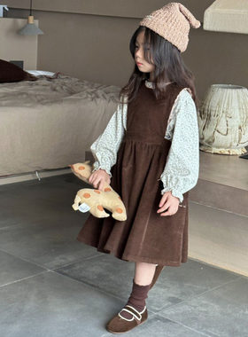女童2024秋装新款女宝纯棉斜纹衬衣碎花长袖上衣花边背心裙连衣裙