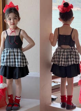 夏季女童纯棉露背格子吊带裙套装