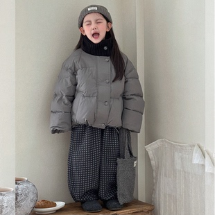 儿童90绒羽绒服女童韩系半高领短款保暖面包格子加绒长裤两件套装