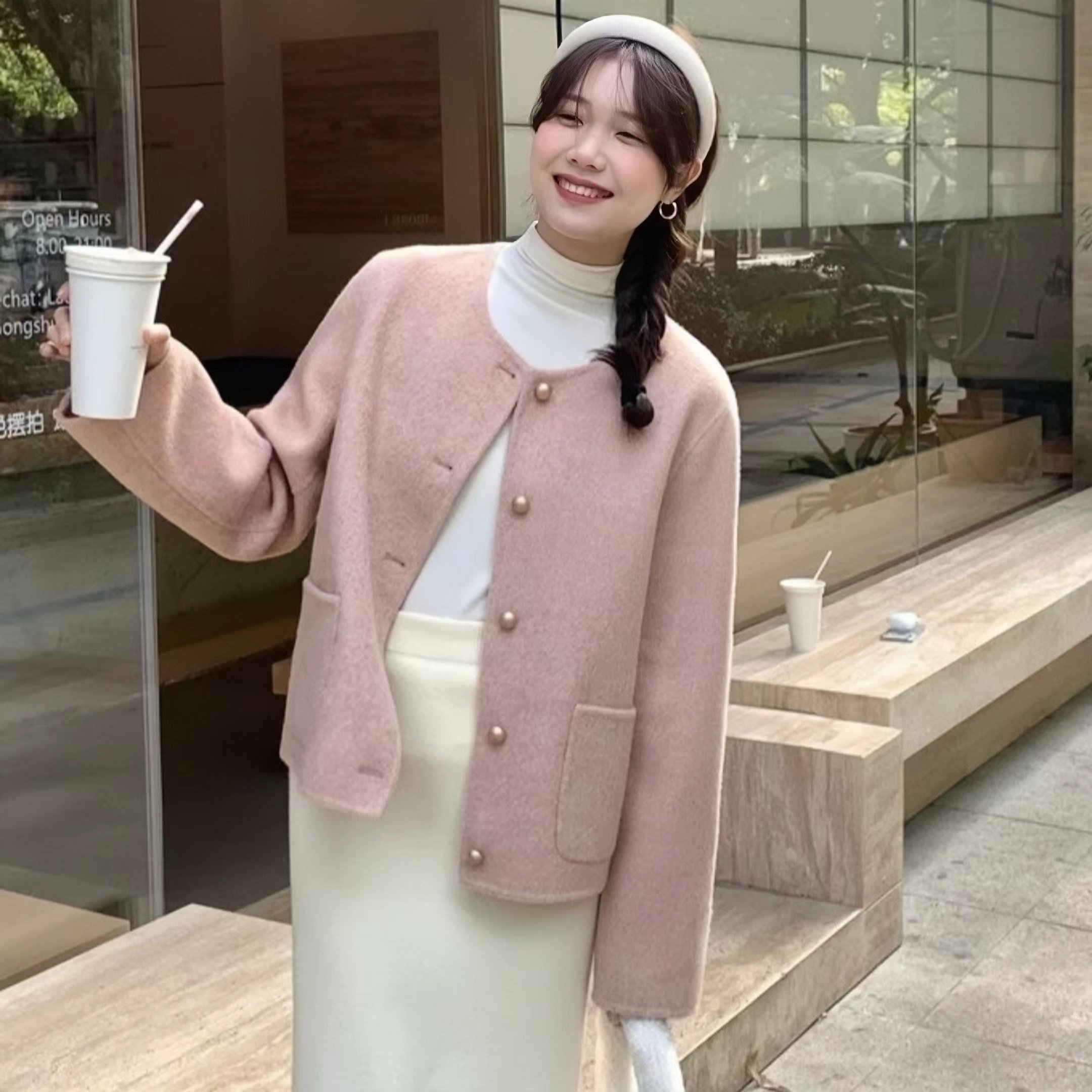 反季双面羊绒大衣女2024新款高端韩版显瘦秋冬圆领短外套羊毛呢子