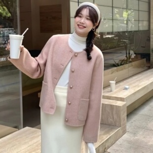 反季双面羊绒大衣女2024新款高端韩版显瘦秋冬圆领短外套羊毛呢子