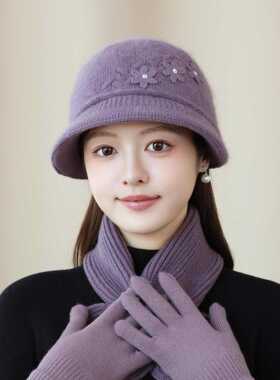 秋冬兔毛针织帽女中老年妈妈保暖盆帽花朵装饰围巾手套三件套洋气