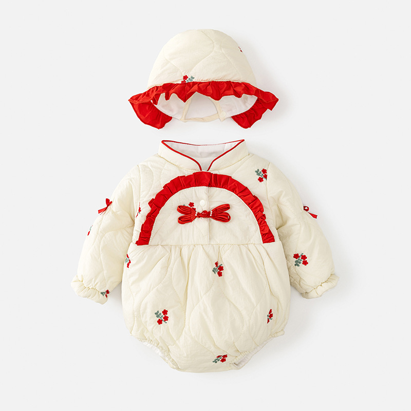 婴儿衣服秋冬加绒加厚新中式新生儿包屁衣公主外出服女宝宝连体衣