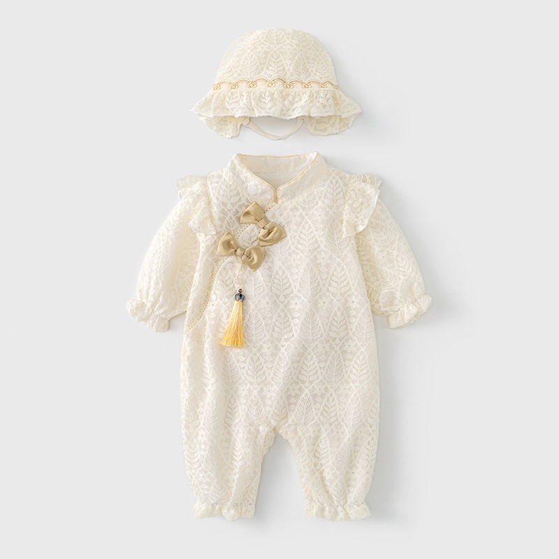 婴儿衣服春秋新生儿连体衣a类服装蕾丝公主新中式女宝宝爬服秋装
