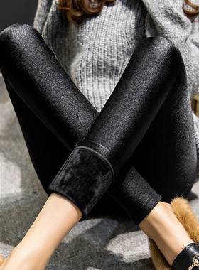 光泽裤女秋冬加绒厚打底裤中腰锦纶黑色踩脚裤大码九分健美裤薄绒