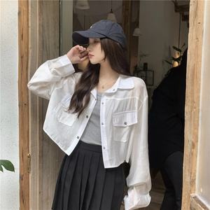 RM9826#白色宽松小个子短款衬衫外套韩版复古百搭工装防晒开衫