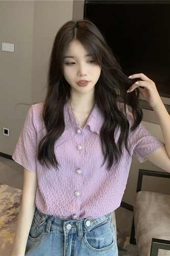 Real price purple Pleated Chiffon short sleeve shirt women's design sense niche pearl button top fashion