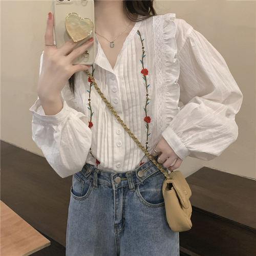 Real price! French retro Flower Embroidered breasted white shirt women's design long sleeve top