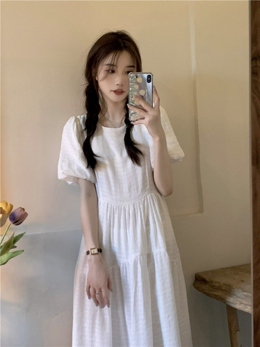 !  Purple Puff Sleeve Dress Female Korean Version First Love Retro High Waist Loose Short Sleeve Pleated Long Dress