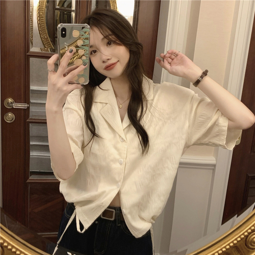 Real price V-neck short sleeve shirt women's summer 2022 drawstring design sense of niche short top