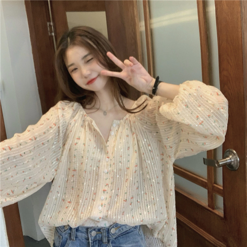 Real shot!  Spring and summer design stitching sequined floral shirt women's Korean style loose single-breasted long-sleeved top