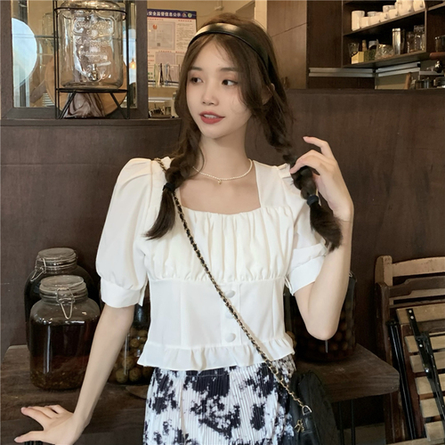 Real shot real price Korean version versatile waist show thin short top retro square collar Ruffle short sleeve shirt