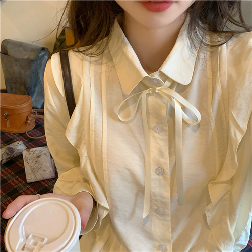 Real price! Korean solid color lace up versatile shirt French Vintage Ruffle design shirt