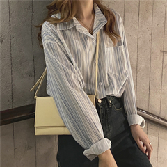 Real price! Korean early spring simple and versatile striped shirt retro loose pocket Long Sleeve Shirt