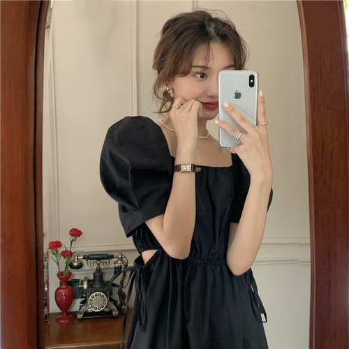 Real price real price Korean style temperament solid color dress French waist slimming square collar puff sleeve elastic mid-length skirt