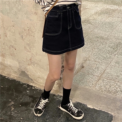 Real price! 2022 bright line jeans skirt dark blue retro high waist slim and versatile A-line skirt