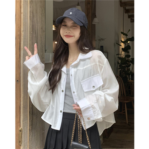 RM9826#白色宽松小个子短款衬衫外套韩版复古百搭工装防晒开衫