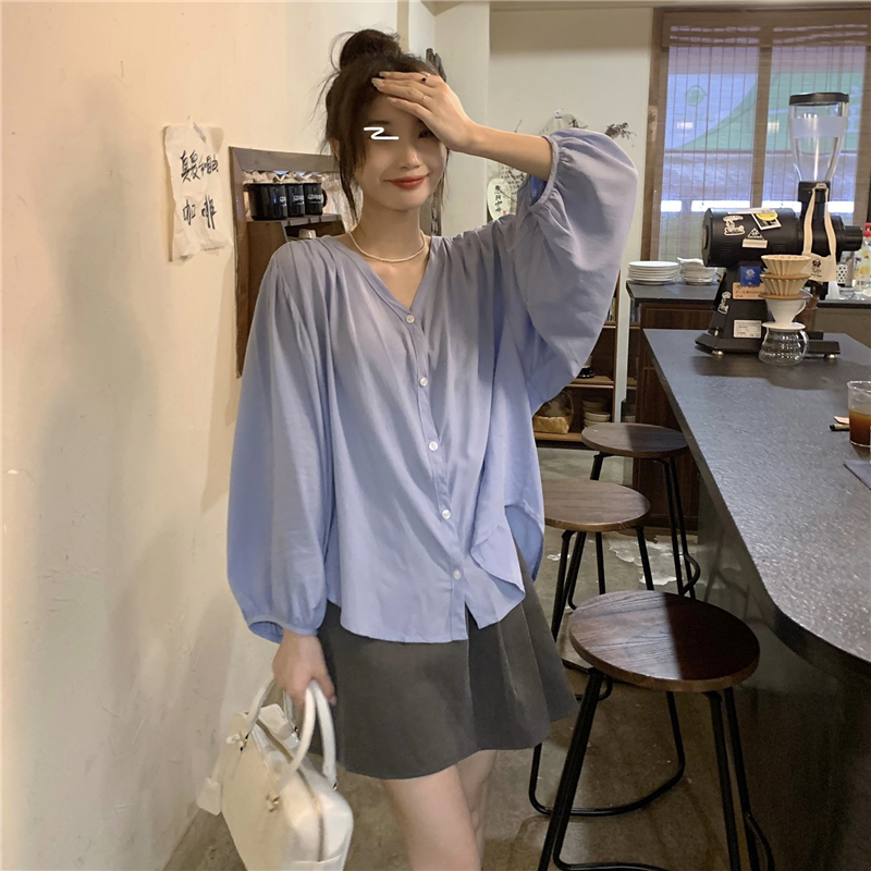 Real price V-neck single breasted silk cotton comfortable Korean version simple temperament thin loose long sleeved shirt