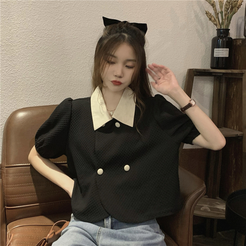 Real price! 2022 summer thin bubble sleeve stand collar top design sense of minority short sleeve shirt