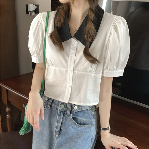 Real price! Korean bubble sleeve short shirt design feeling contrast Lapel niche French top