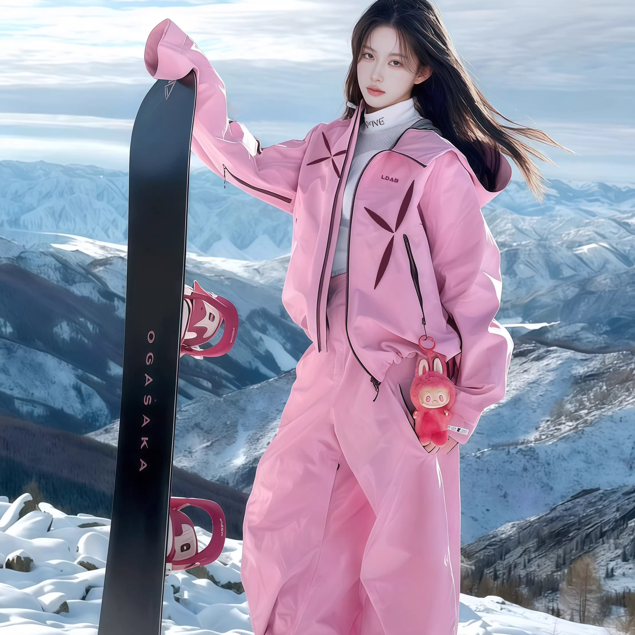 卡盛粉色防风防水滑雪服套装