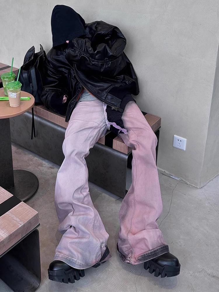 卡盛粉色ro拼接微喇叭牛仔裤