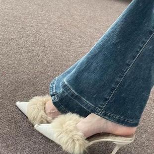 2024新款毛毛高跟凉拖鞋女时尚外穿百搭尖头细跟包头穆勒半拖鞋女