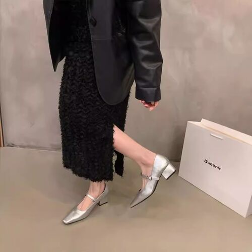 粗跟方头春季银色玛丽珍单鞋女鞋子2024新款法式春秋配裙子晚晚鞋