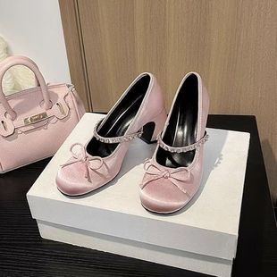 不累脚高跟鞋 粉色粗跟玛丽珍鞋 绝美芭蕾舞单鞋 女2025新款 春秋法式