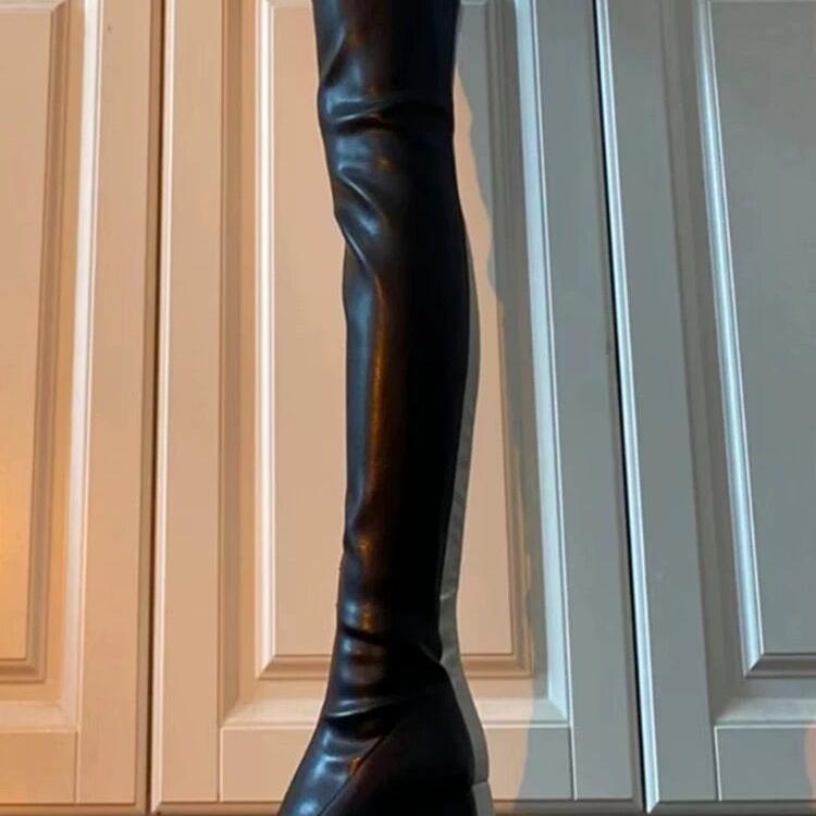 黑色过膝长筒靴女2024年秋新款粗跟防水台高筒靴小个子百搭弹力靴