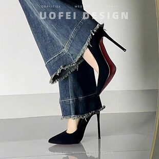 黑色红底高跟鞋女细跟春秋2024新款气质性感尖头法式绒面休闲单鞋