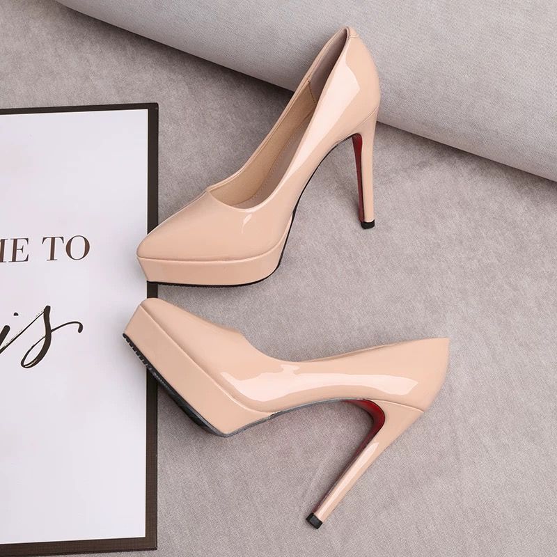 裸色防水台高跟鞋女走秀2024年新款秋冬11cm漆皮礼仪细跟尖头单鞋