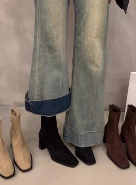 厚底马丁靴女2024冬季新款粗跟方头加绒短靴子韩系高跟瘦瘦小裸靴