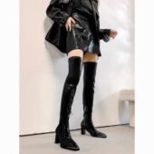 秋冬肯豆同款 靴显瘦漆皮方头高跟粗跟长筒靴过膝长靴女黑色皮靴女