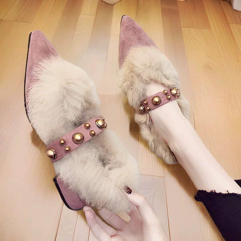 小香风毛毛鞋女2025新款尖头粗跟职业通勤高级感韩系洋气豆豆鞋潮,女鞋,玛丽珍鞋,淘宝优惠券,粉丝福利购,淘宝优惠卷