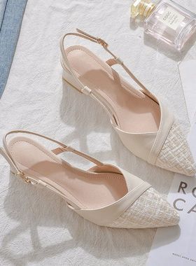 小香风包头粗跟单鞋女尖头2023年春季新款小码3233后空中跟凉鞋女