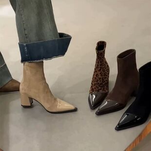 气质高级不累脚弹力短靴女2025新款春秋尖头粗跟瘦瘦靴女高跟靴子