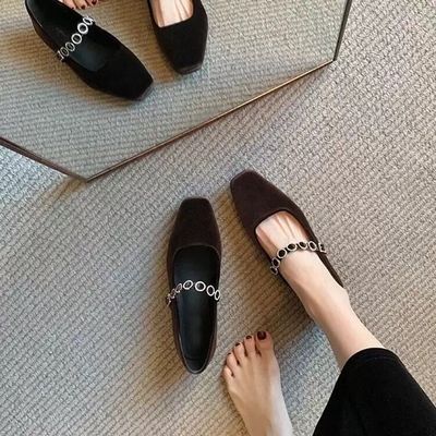 丝绒单鞋女春秋方头黑色通勤绒面水钻低粗跟平底浅口法式玛丽珍鞋