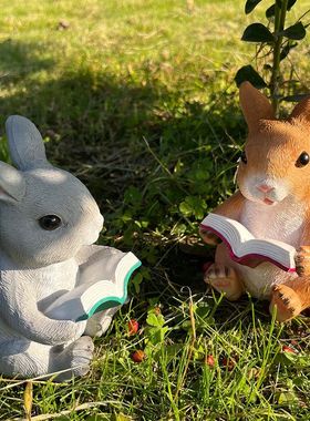 Charming Rabbit Reading Book Statue - Resin Bunny Garden Orn