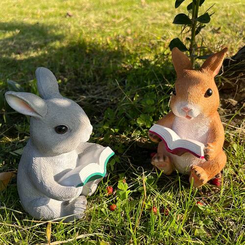 Charming Rabbit Reading Book Statue - Resin Bunny Garden Orn