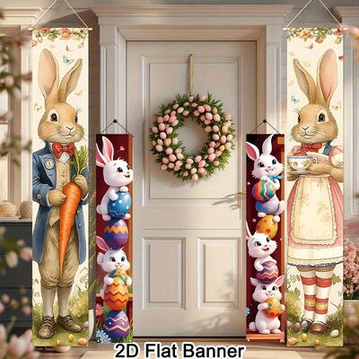 2pcs Happy Easter Bunny Door Banners Polyester Easter Egg Ho