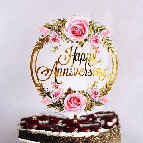 New Happy Anniversary Cake Topper Color Flowers Acrylic