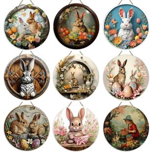 Round Wooden Sign Easter Bunny Art Logo Decoration, Suitable