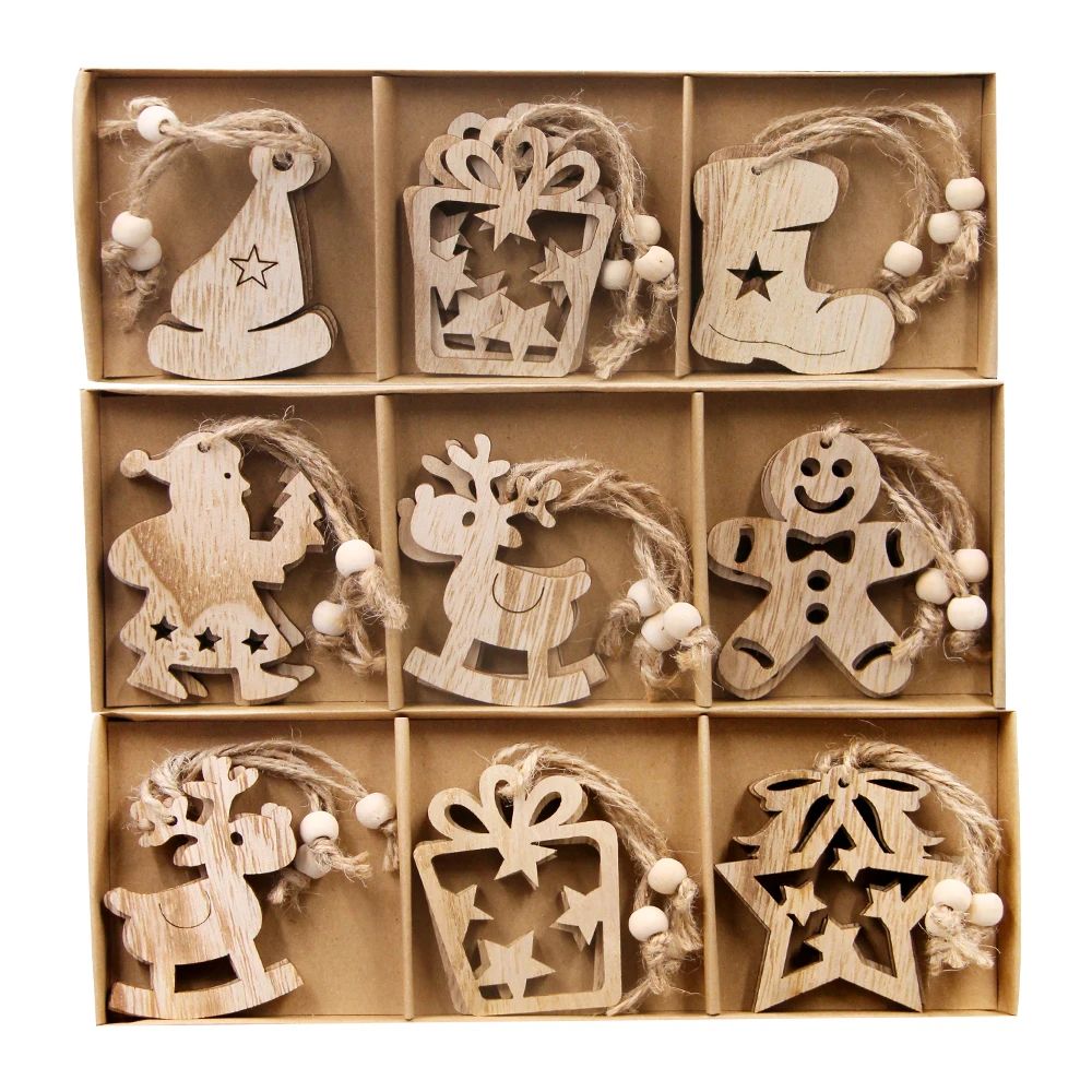 12PCS/box Christmas Wooden Pendant Cute Star/Deer/Tree Ornam