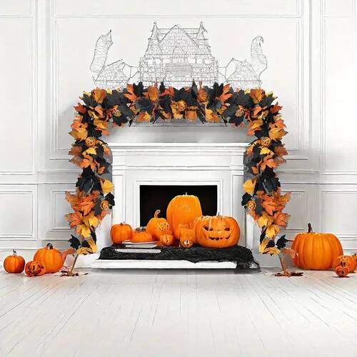 Halloween Artificial Maple Leaves Wreath Pumpkin Vine Hangin