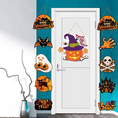 Happy Halloween Pumpkin Ghost Bat Skull Front Door Hanging S