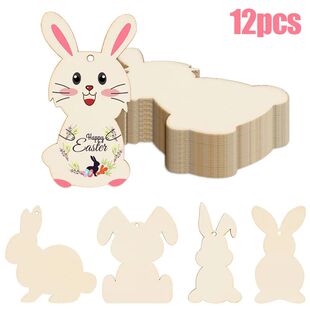 6/12Pcs Easter Wooden Bunny Pendants Blank Rabbit Wood Chips