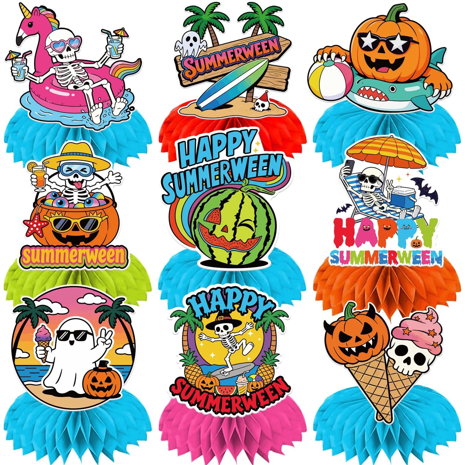 9Pc Happy Summerween Honeycomb Centerpieces Party Decoration - 实物图