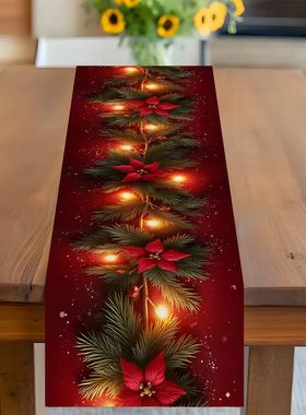 2D Christmas pine branch red lantern table runner Christmas
