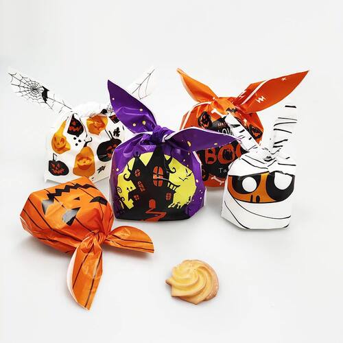 50Pcs Halloween Candy Bags Rabbit Ear Pumpkin Plastic Bag Bi